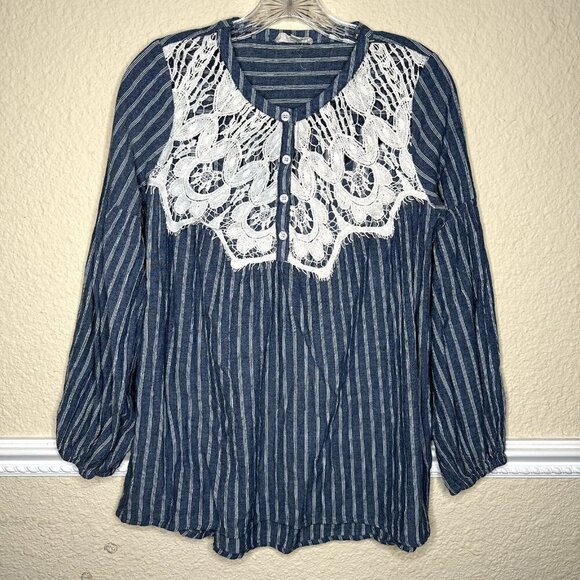 Cotton Bleu Women's Small Boho Style Top Chambury Striped Bubble Sleeve High Low - Picture 1 of 8